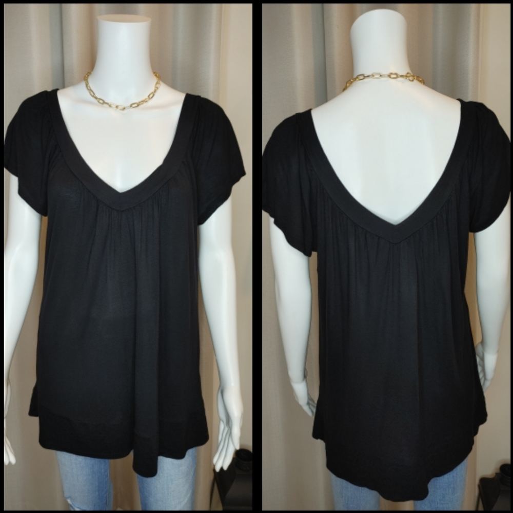 BOZZOLO BLOUSON DOUBLE VNECK TOP, BLACK L